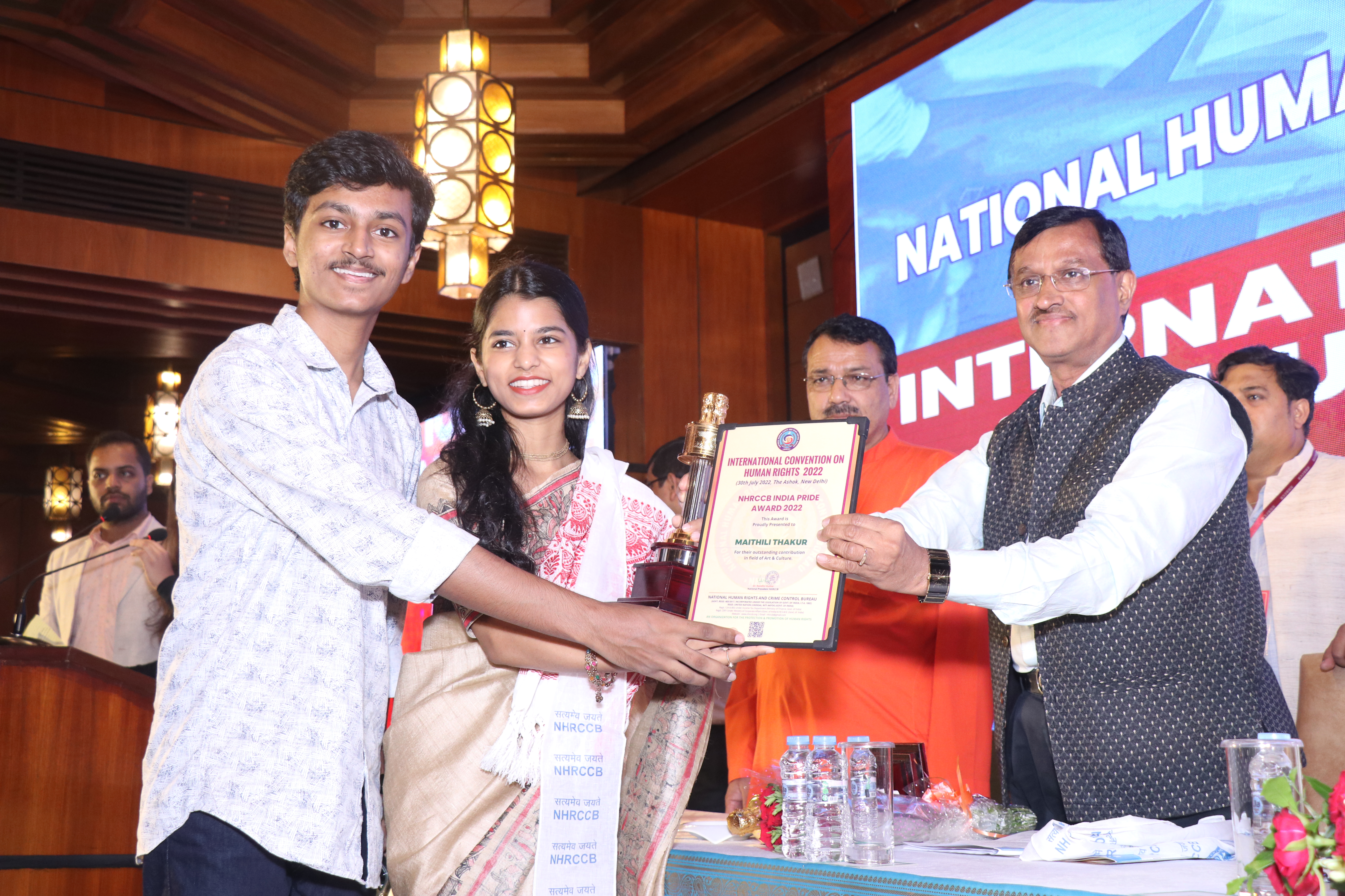 Renowned playback singer trained in Indian classical music and folk music , Maithali Thakur received NHRCCB India Pride Award 2022 during International Convention on Human Rights 2022 at The Ashok, New Delhi