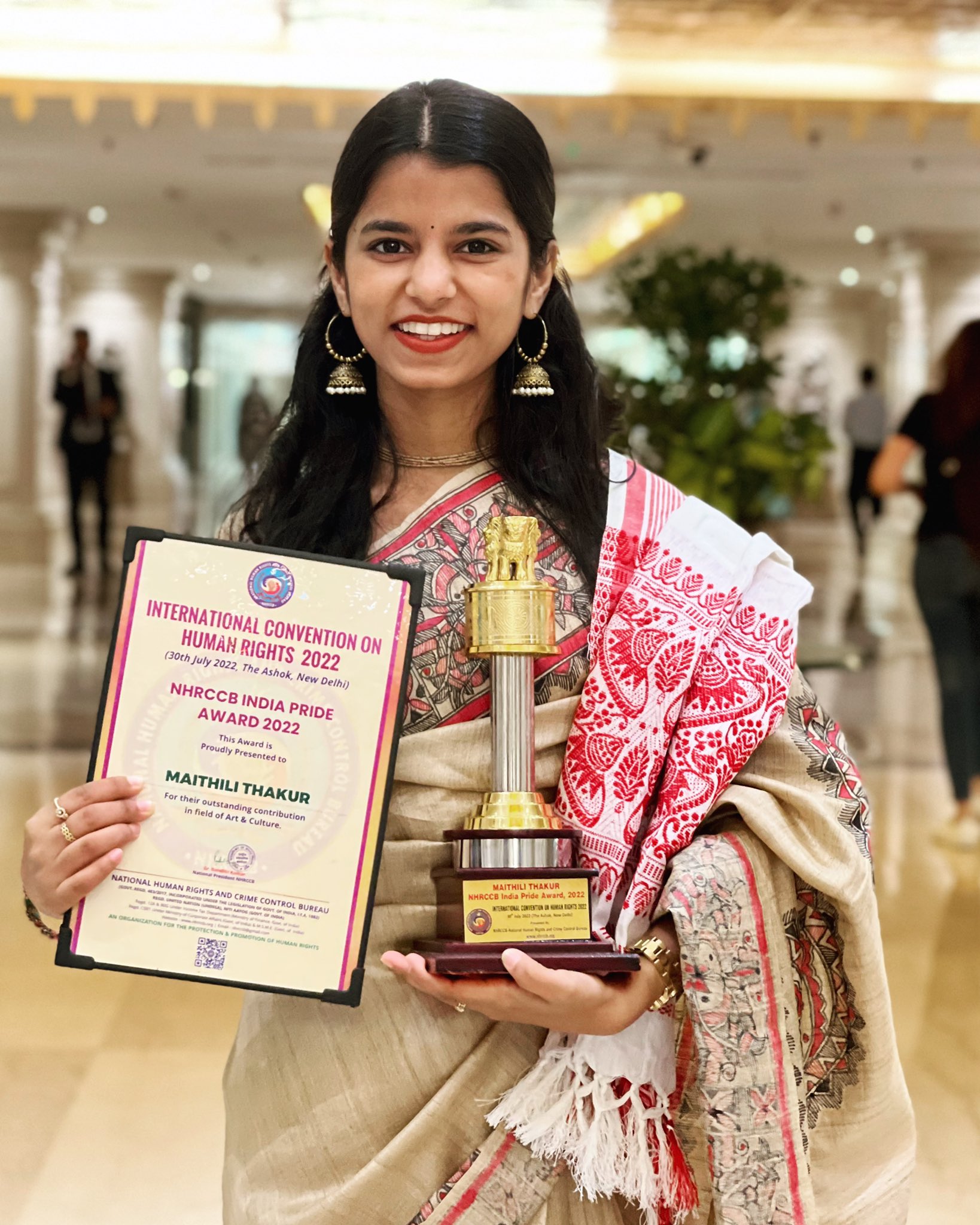 Renowned playback singer trained in Indian classical music and folk music , Maithali Thakur received NHRCCB India Pride Award 2022 during International Convention on Human Rights 2022 at The Ashok, New Delhi